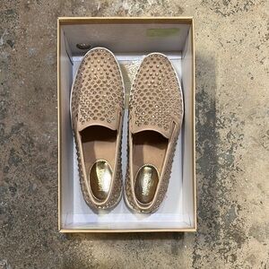 Michael Kors Tan and Gold Loafers with Woven Design